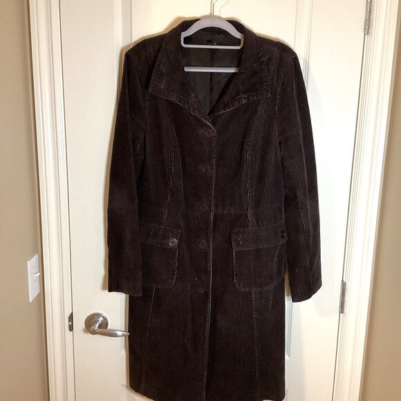 Jacob Women's Dark Brown Corduroy Coat With High Neck Lined Y2K Pockets - Picture 1 of 13